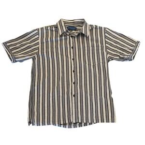 Tribute Mens Medium Short Sleeve Button Down Shirt Striped Cotton Navy White